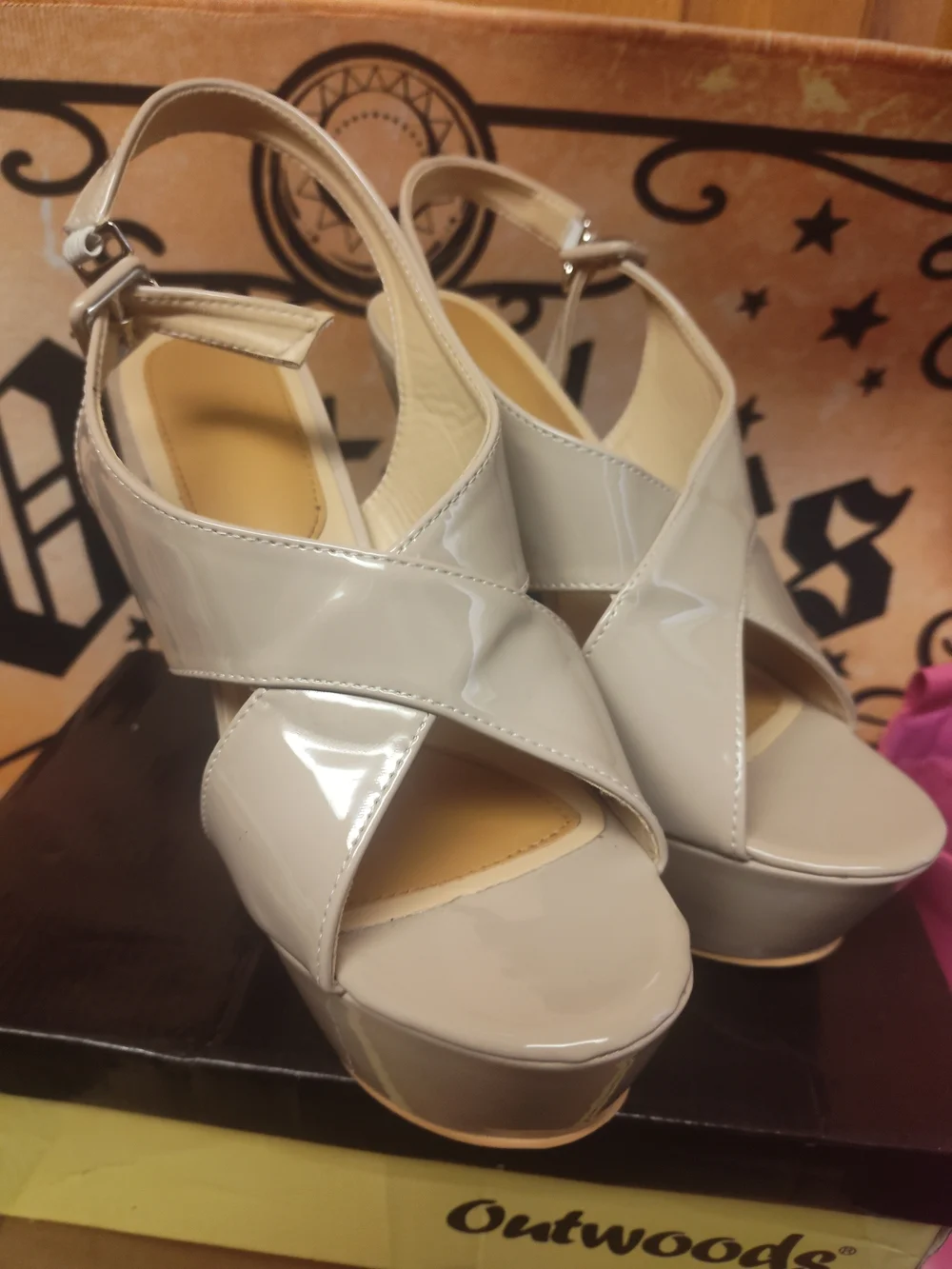 Beige Patent Platform Slingback Heels
